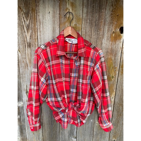 VINTAGE cherry red button down plaid - Picture 1 of 5